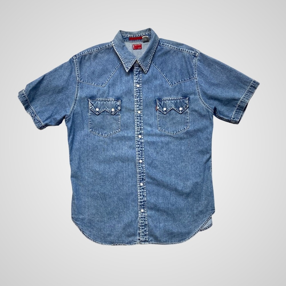 Levi's Western Shirt Mens Large Blue Excellent Short Sleeve Denim Pearl Snap